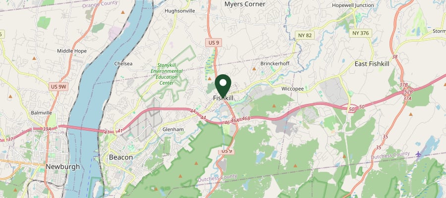 Locator map showing Fishkill, NY, within the GXB Precision Tree Care service area in Dutchess County