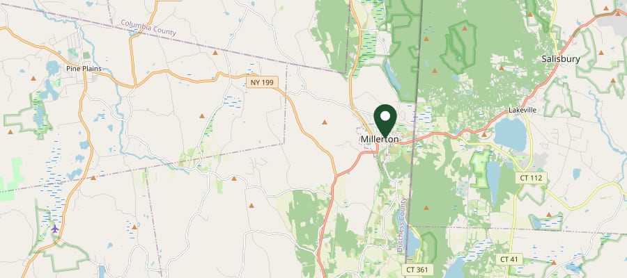 Locator map showing Millerton, NY, within the GXB Precision Tree Care service area in Dutchess County