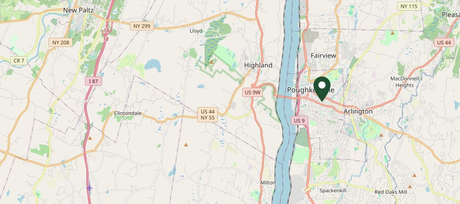 Locator map showing Poughkeepsie, NY, within the GXB Precision Tree Care service area in Dutchess County