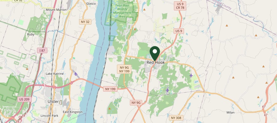 Locator map showing Red Hook, NY, within the GXB Precision Tree Care service area in Dutchess County