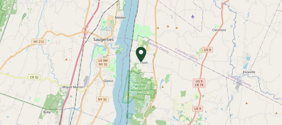 Locator map showing Tivoli, NY, within the GXB Precision Tree Care service area in Dutchess County