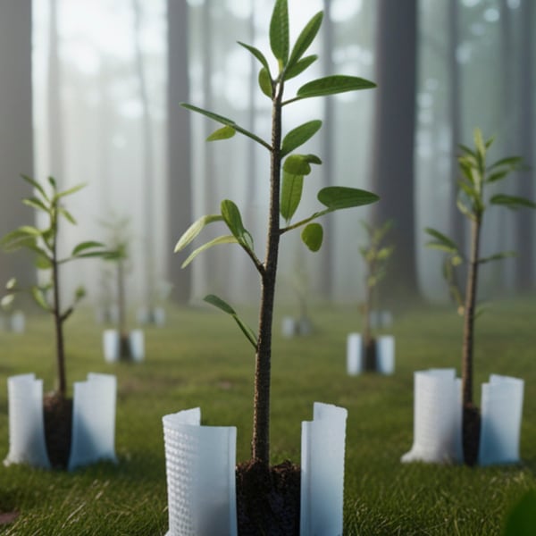Newly planted saplings in grass, each protected by a white tree guard, in a misty woodland