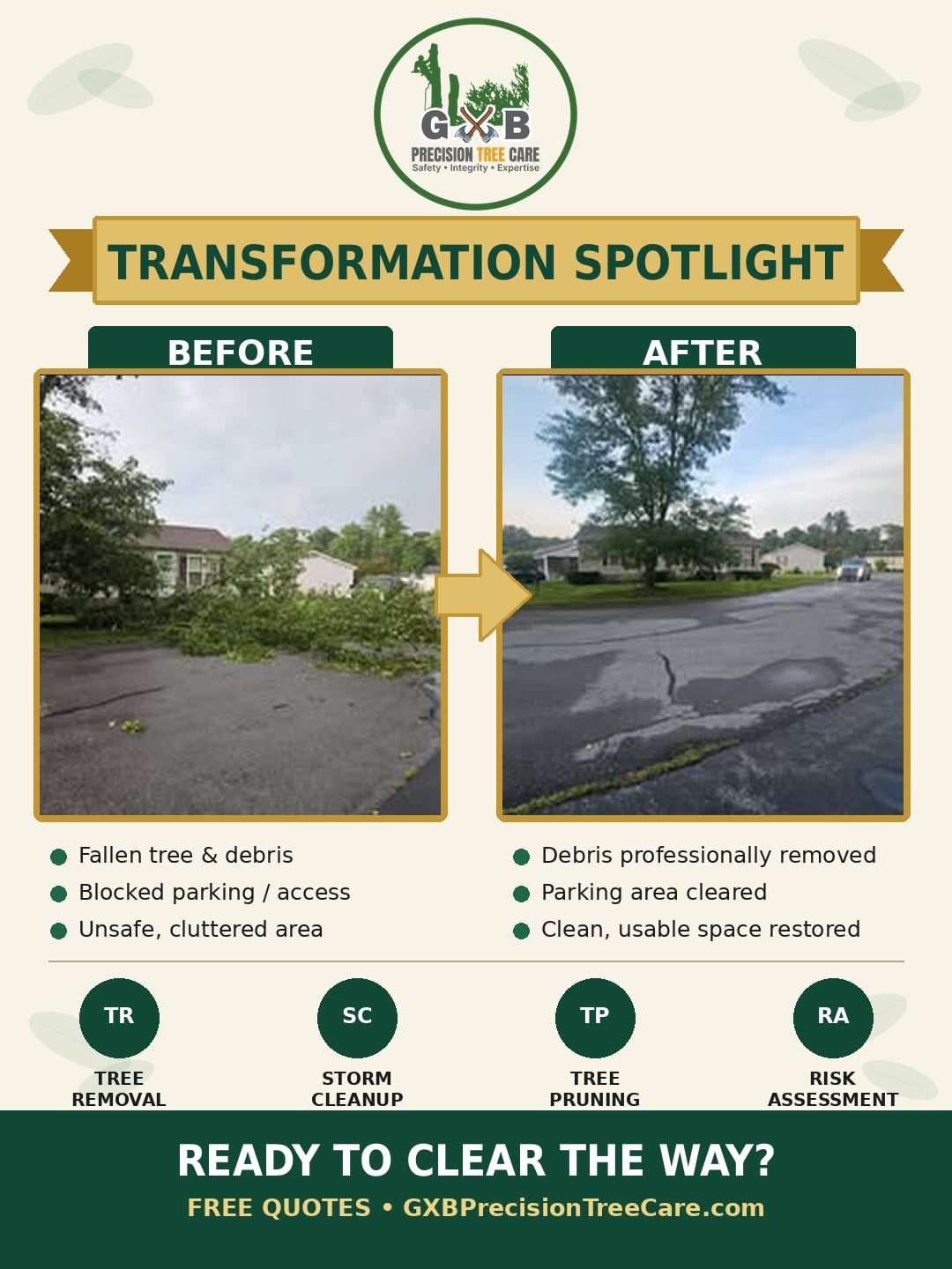 Before and after: a fallen tree and debris blocking a residential driveway, then the same driveway fully cleared by GXB Precision Tree Care in Dutchess County, NY